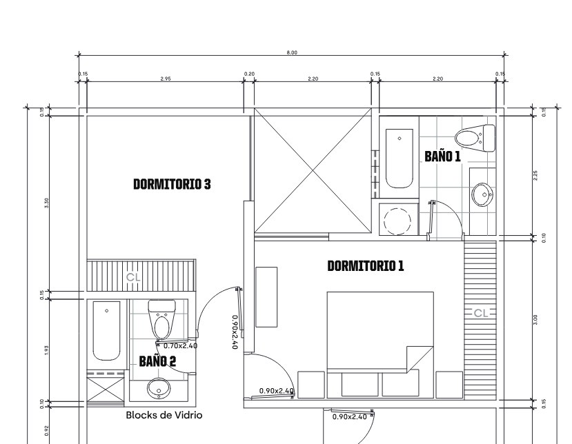 Detalle de una planta arquitectónica real del pack: dormitorios y baños con mobiliario, sanitarios y cotas