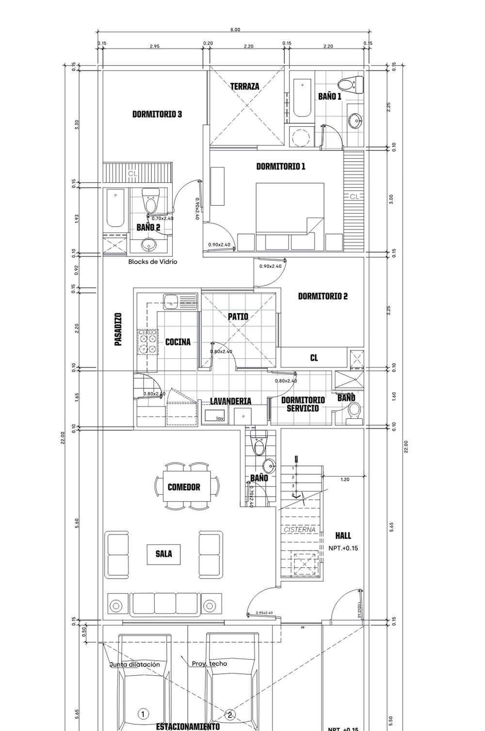 Planta arquitectónica amoblada y acotada de una vivienda de dos pisos, del Mega Pack AutoCAD